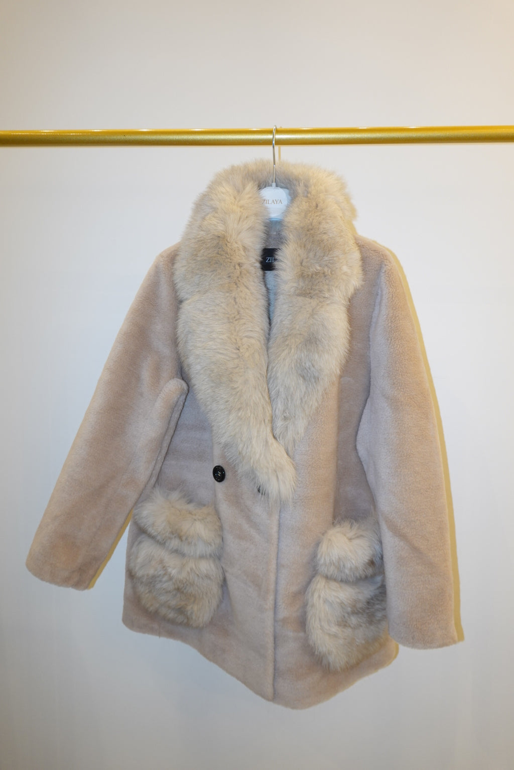 Beige sheep coat with fox fur 